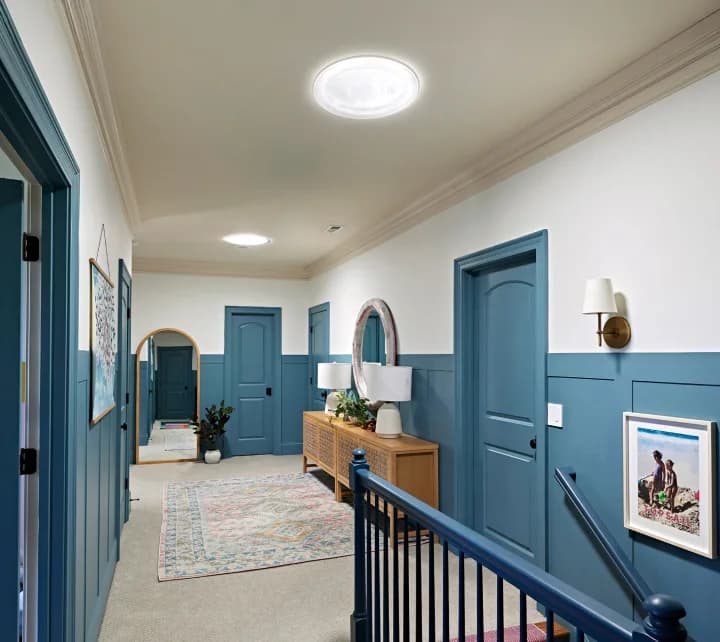 Upstairs hallway lit by two ceiling Sun Tunnel diffusers