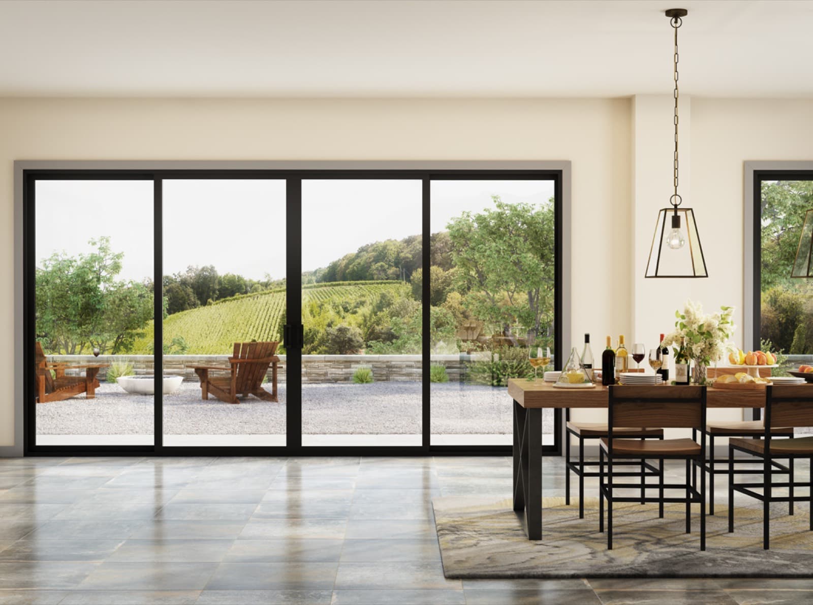 Milgard Trinsic black-frame sliding patio door and windows opening to a backyard