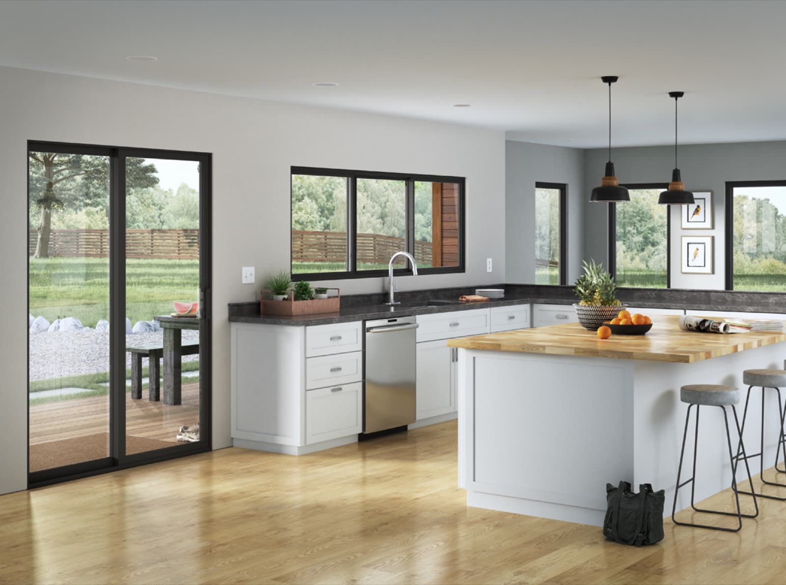 Milgard sliding patio door and kitchen windows with white frames