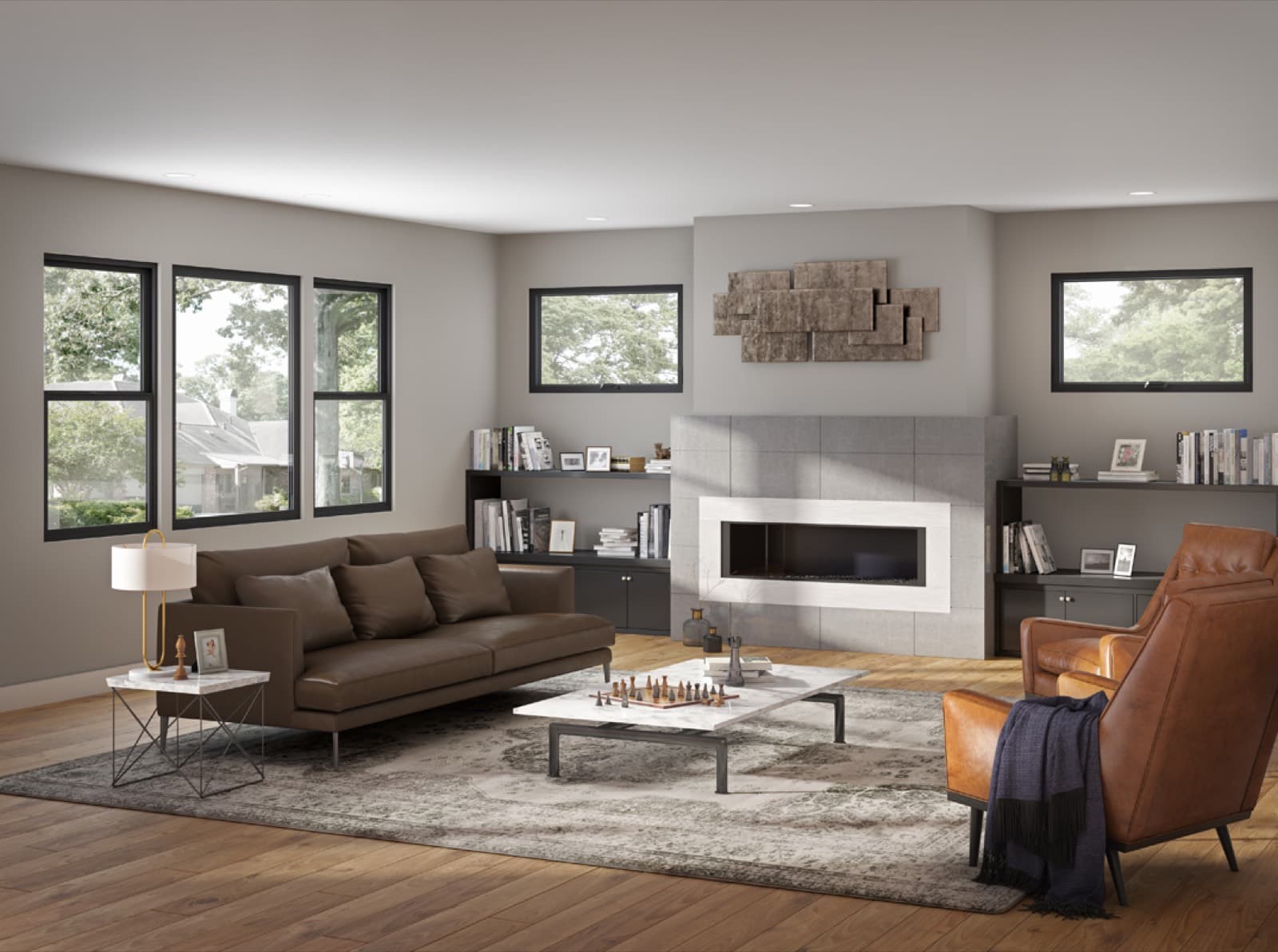Living room with Milgard vinyl windows on two walls