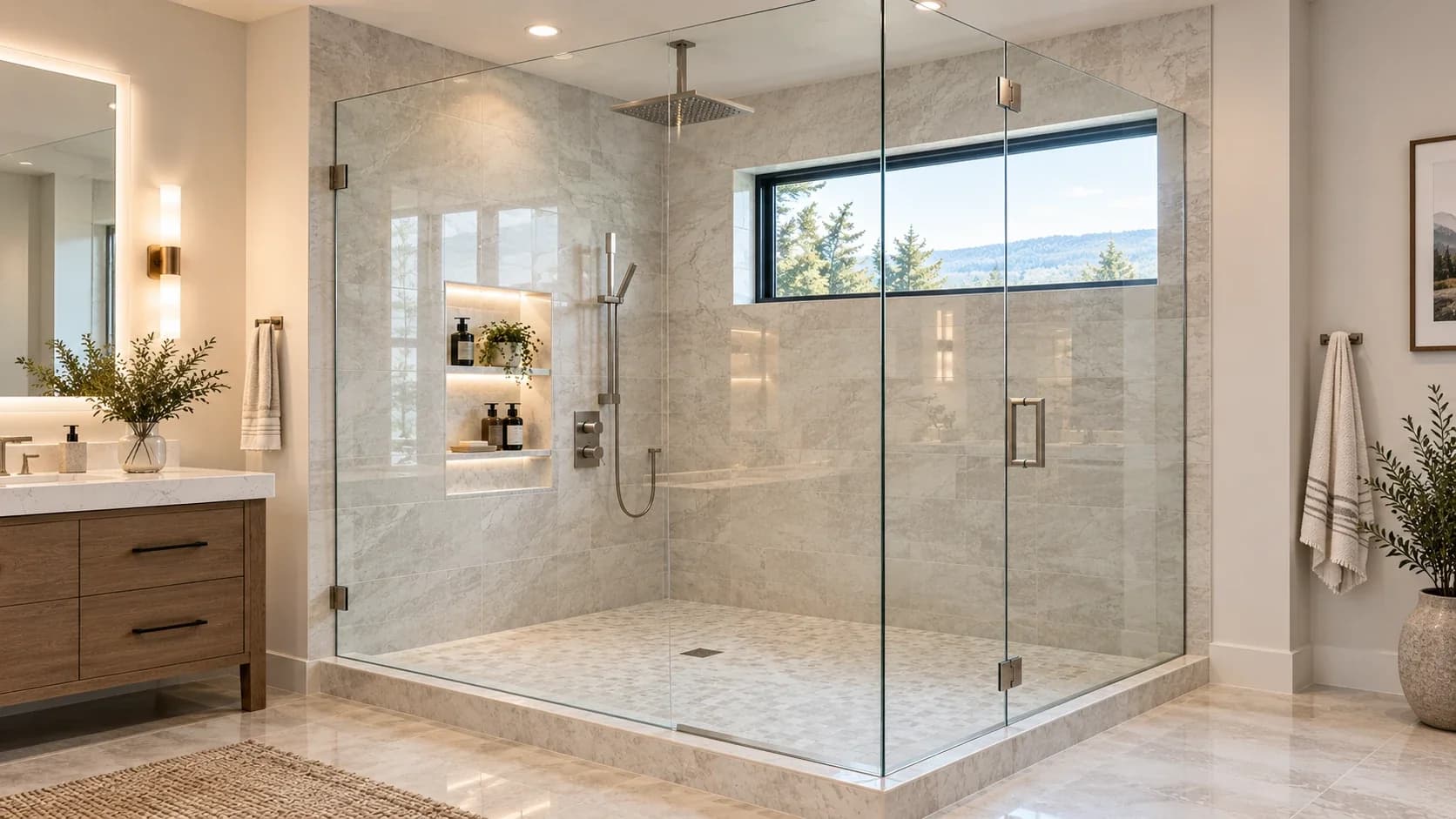 Corner frameless glass shower enclosure with brushed-nickel hardware, marble tile and a window to the trees