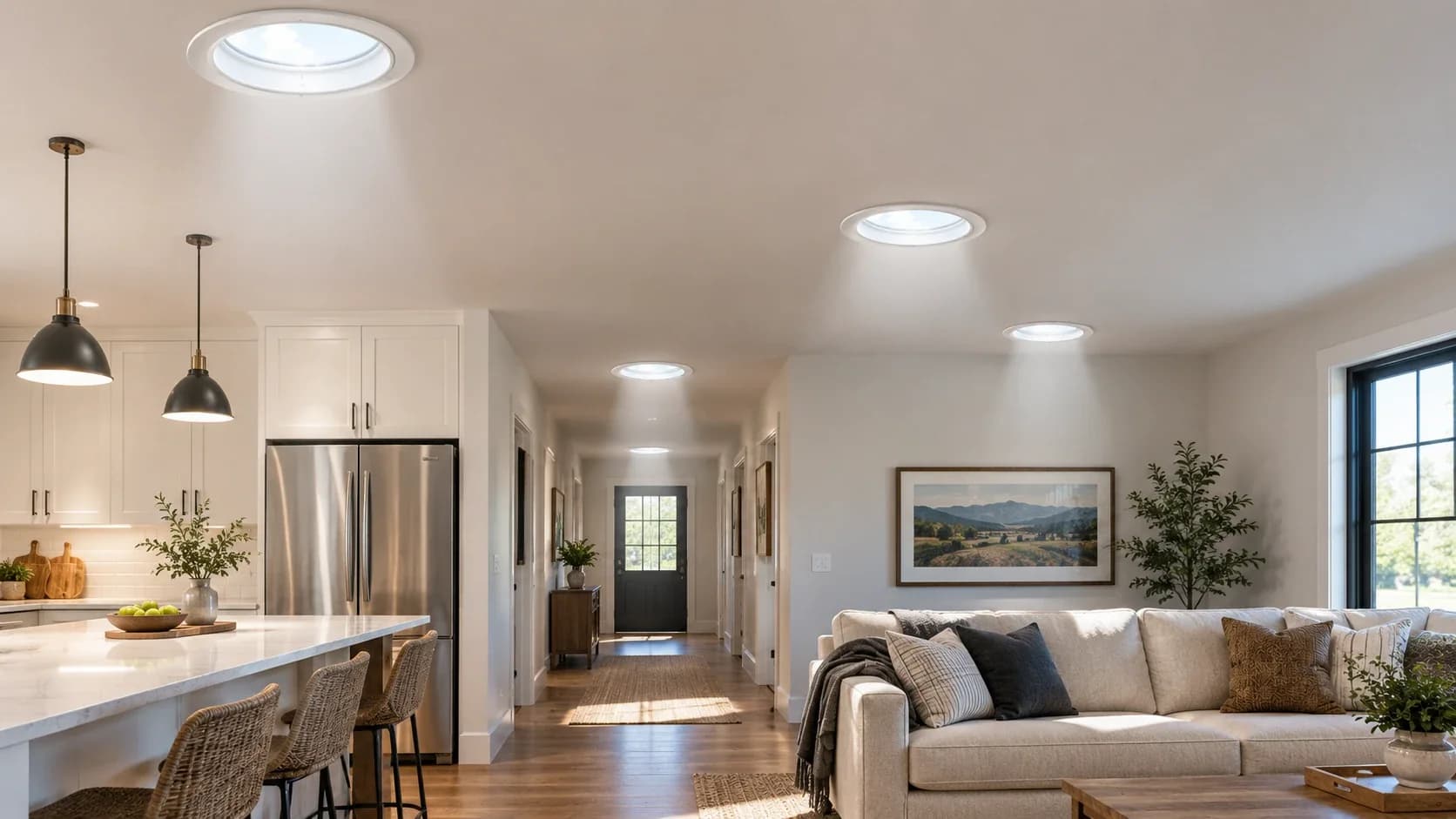 Open kitchen and living room lit by four ceiling Sun Tunnel diffusers